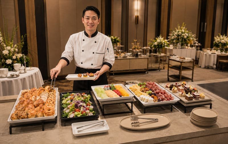 Buffet food stations matched with melamine serving trays