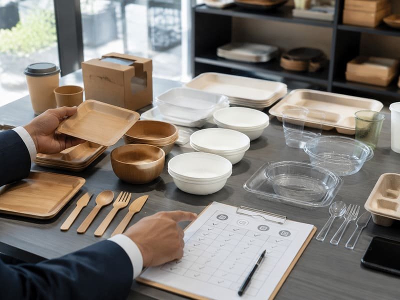 Business buyer reviewing bamboo and plastic dinnerware samples before sourcing decision