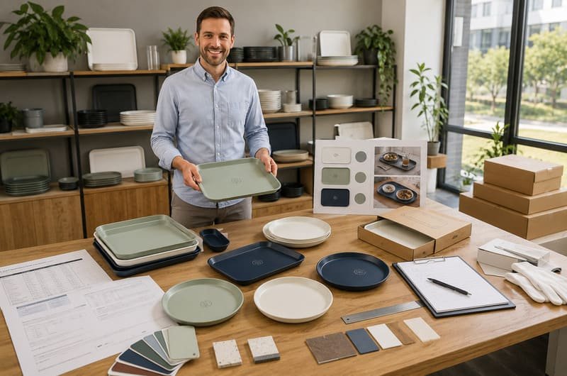 Buyer checking custom melamine tray and plate samples before production