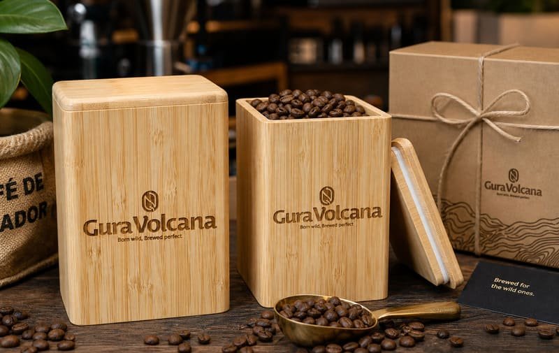 Custom bamboo container for 250g Gura Volcana coffee beans