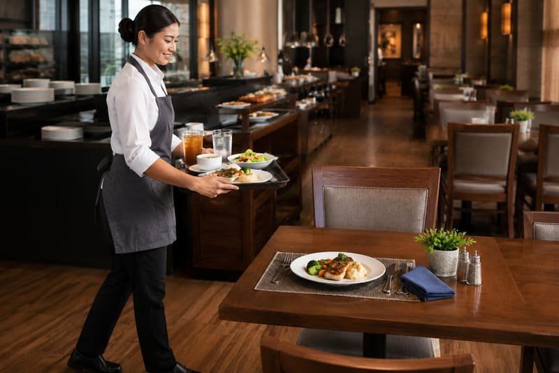 Foodservice workflow showing tray delivery and plate table setting