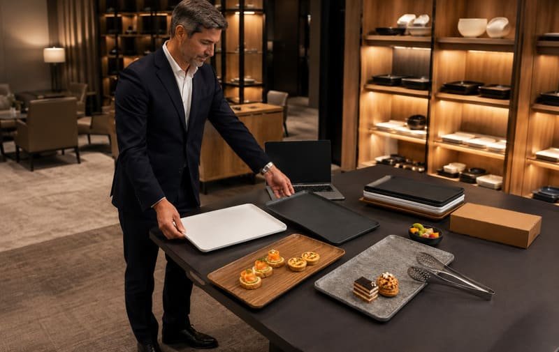 Hotel buyer reviewing melamine buffet tray samples before bulk order