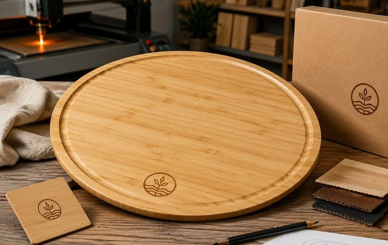 Laser engraved logo on custom bamboo serving tray