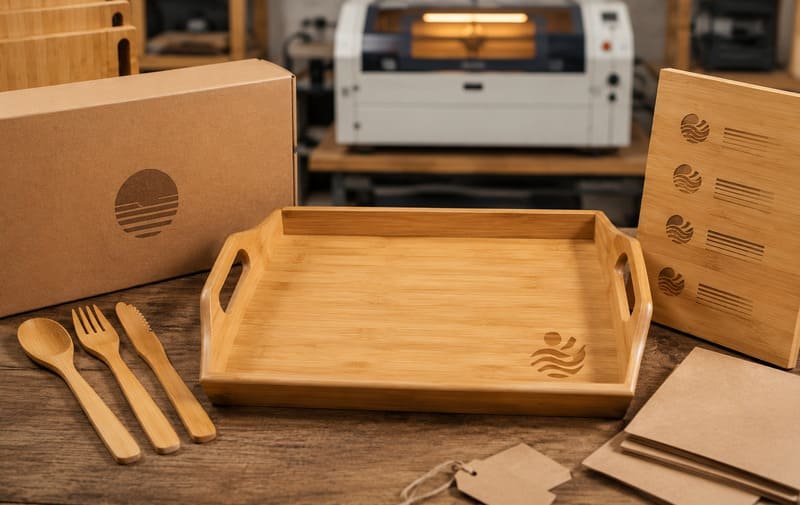 Laser engraved logo on solid bamboo tray