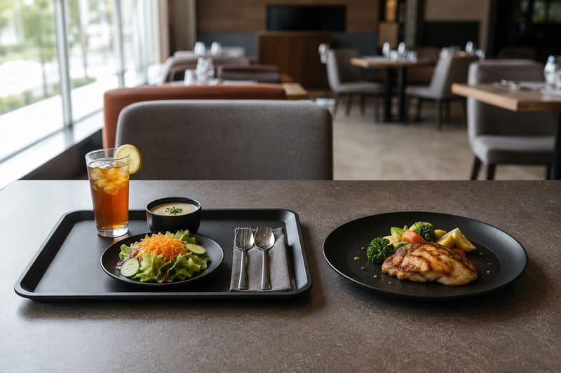 Melamine serving tray and regular plate compared for restaurant service
