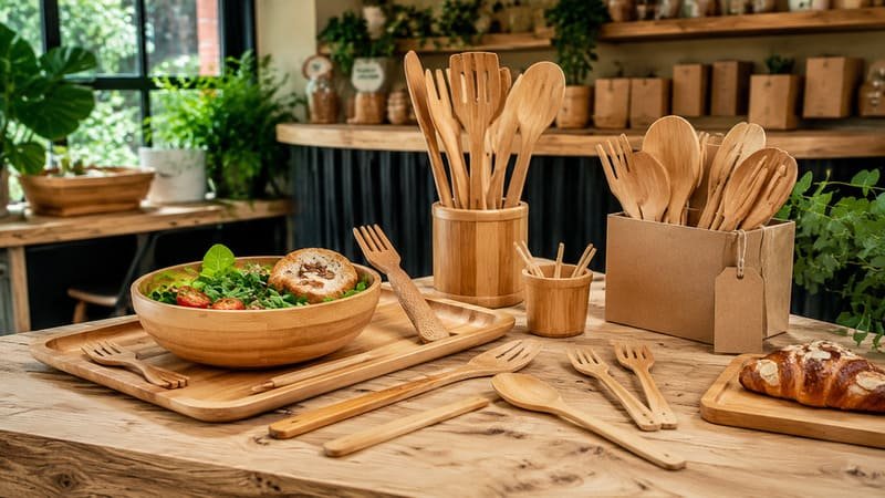 Natural solid bamboo utensils for eco-focused cafés and brands