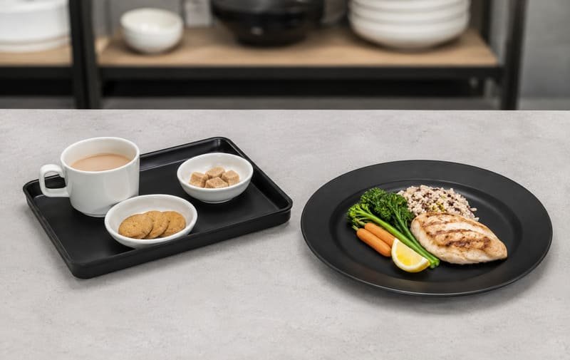 Raised edge melamine tray compared with rimmed melamine dinner plate