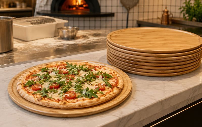 Round bamboo pizza tray customized for Swedish restaurant