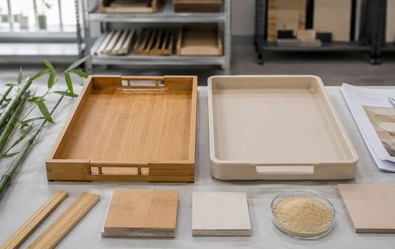 Solid bamboo tray and bamboo fiber tray material comparison