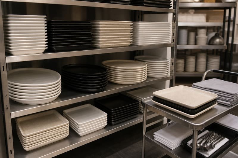 Stackable melamine buffet trays for hotel storage