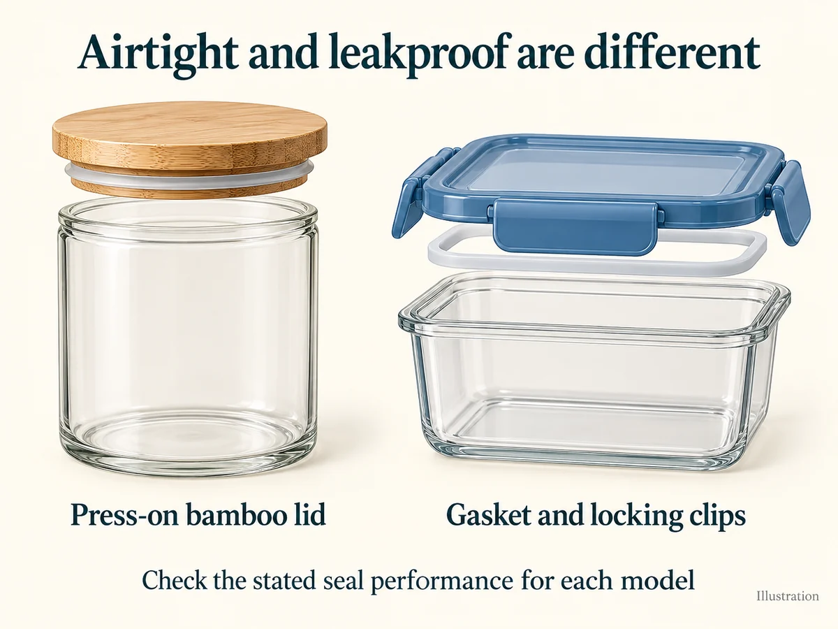 Illustration comparing a press-on bamboo jar lid with a container lid using a gasket and locking clips