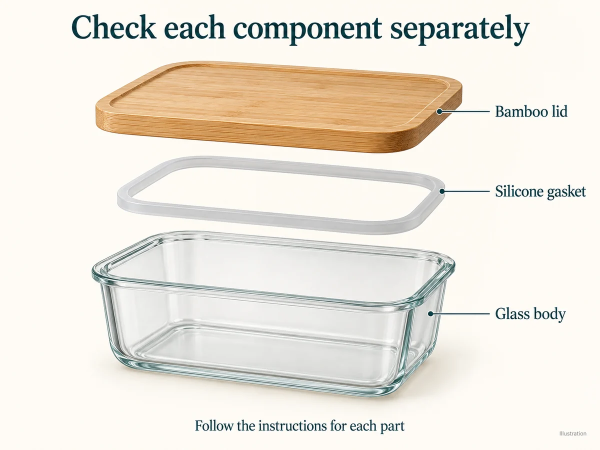 Illustration of a glass container, bamboo lid and silicone gasket separated for individual care checks
