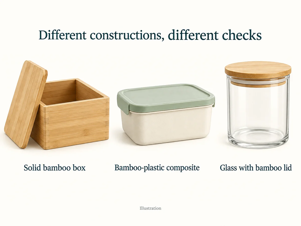 Illustration of a solid bamboo box, a bamboo-plastic composite container and a glass jar with a bamboo lid