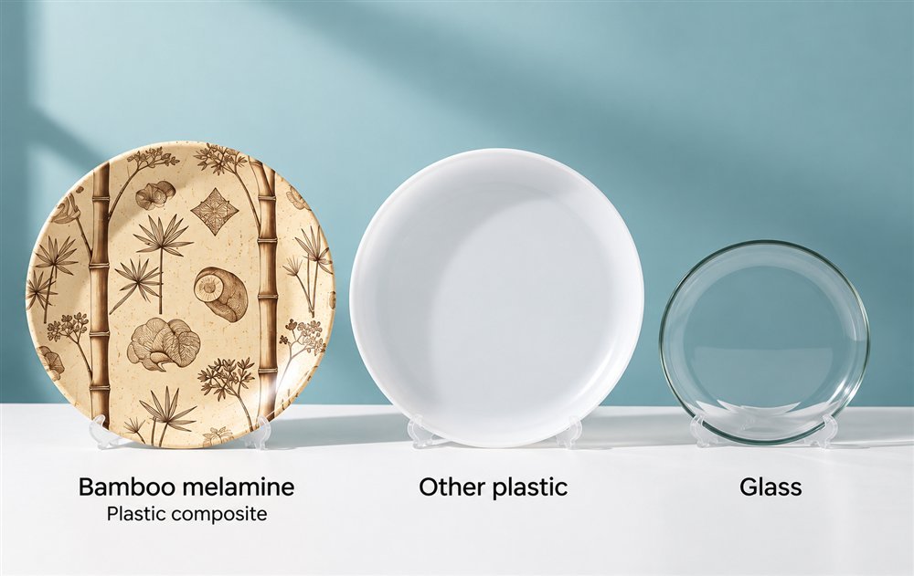 Illustrated comparison of bamboo melamine composite, other plastic, and glass plates