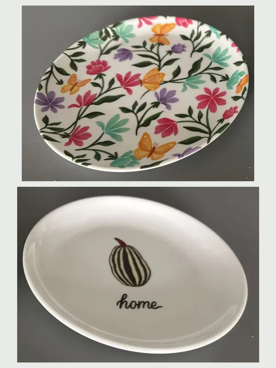 Two photo details of oval melamine plates with floral and logo prints