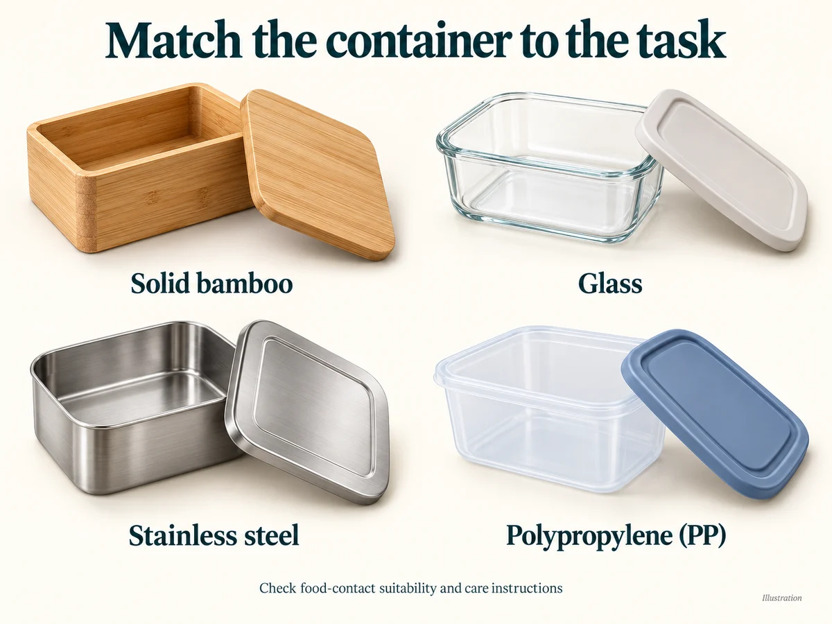 Illustration comparing solid bamboo, glass, stainless steel and polypropylene food storage containers