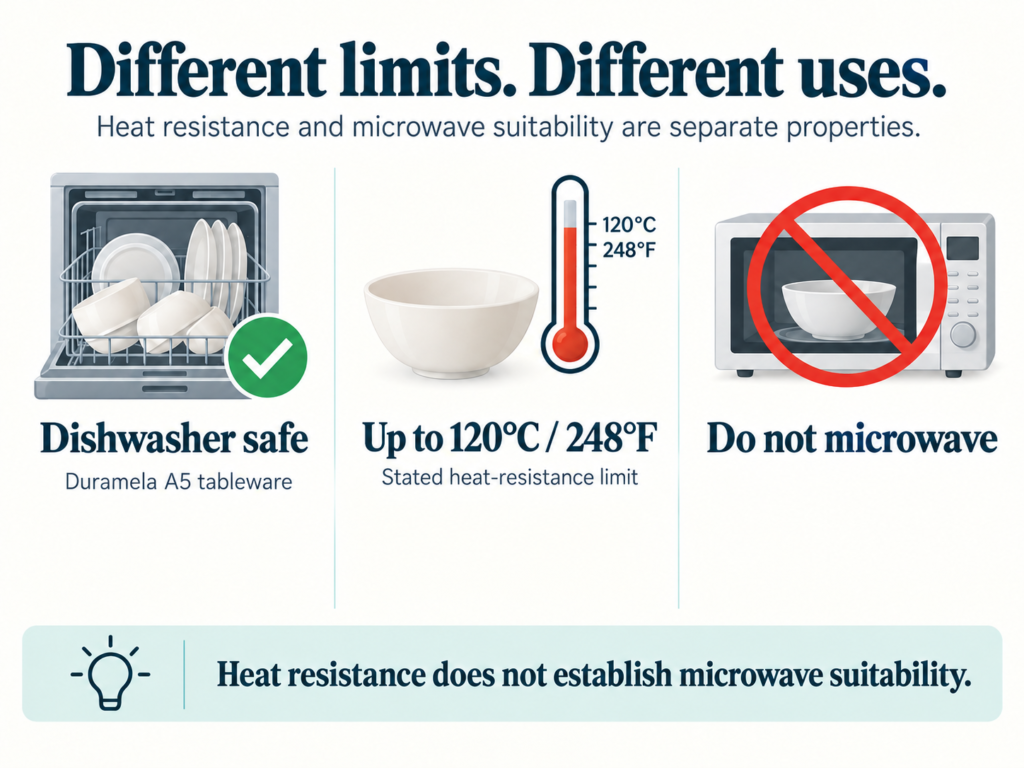 Illustration separating dishwasher suitability, Duramela's stated 120°C heat-resistance limit, and no microwave use
