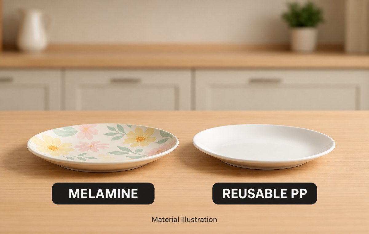 Material illustration comparing a floral melamine plate and a reusable polypropylene plate