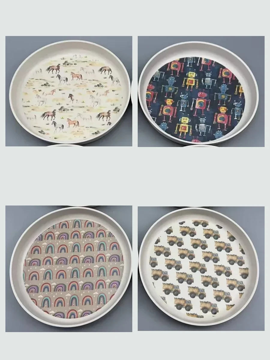 Photo collage of four custom melamine plate prints: animals, robots, rainbows, and trucks